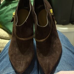 Nine West Dark Brown Suede Pointed Toe Ankle Booties with Gold Zipper Accent